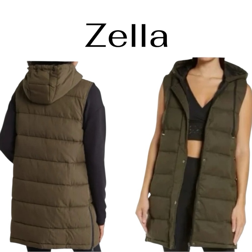 Zella Women’s Hooded Puffer Vest in Olive Green | Size XS